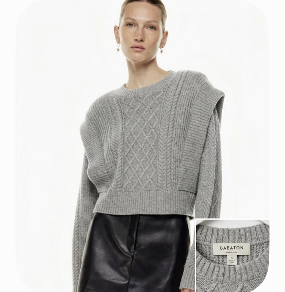Babaton Aritzia Seek Sweater Grey Cable Knit Cropped Merino Wool Size M